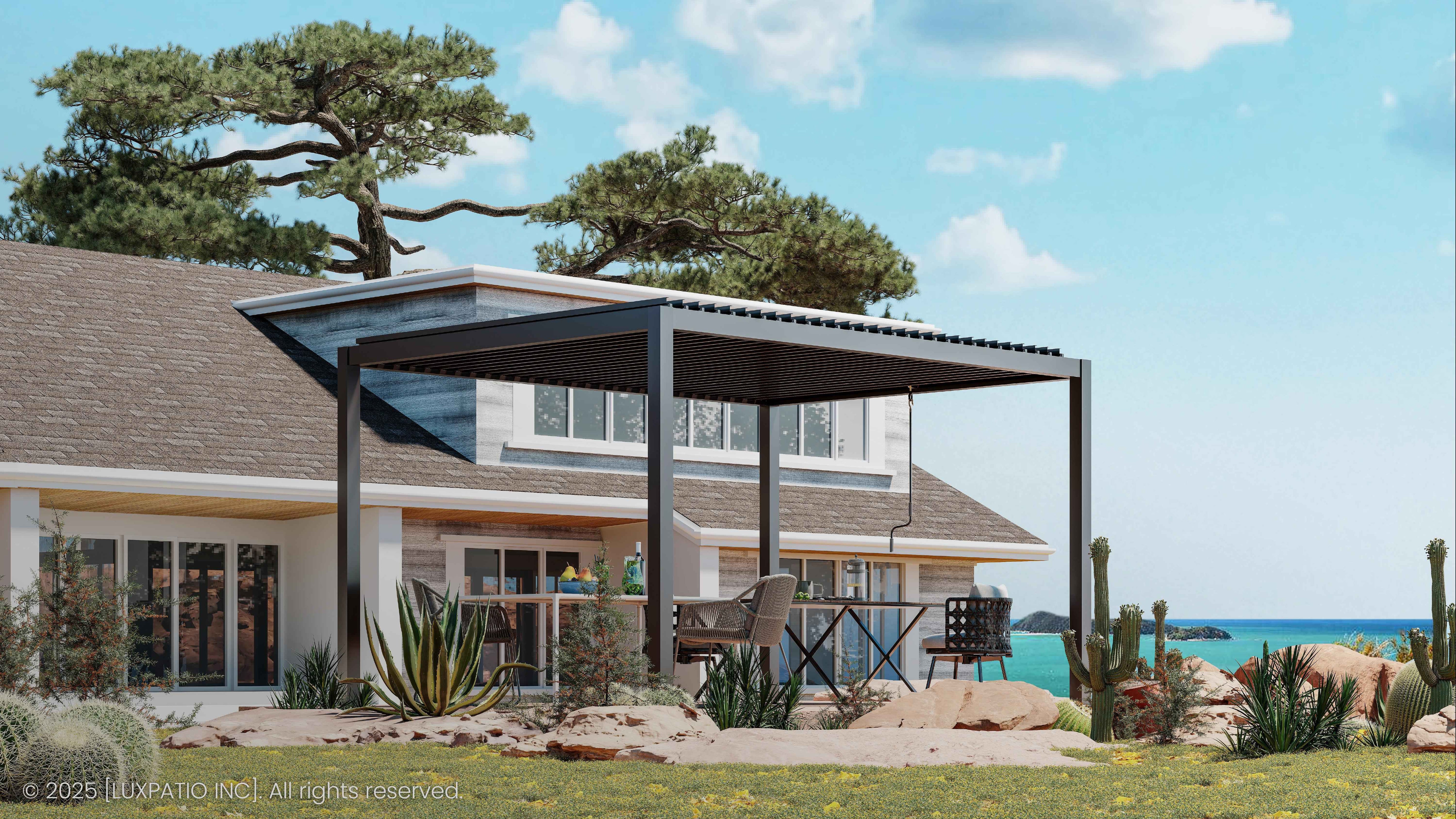 Modern coastal house with pergola and ocean view under clear sky