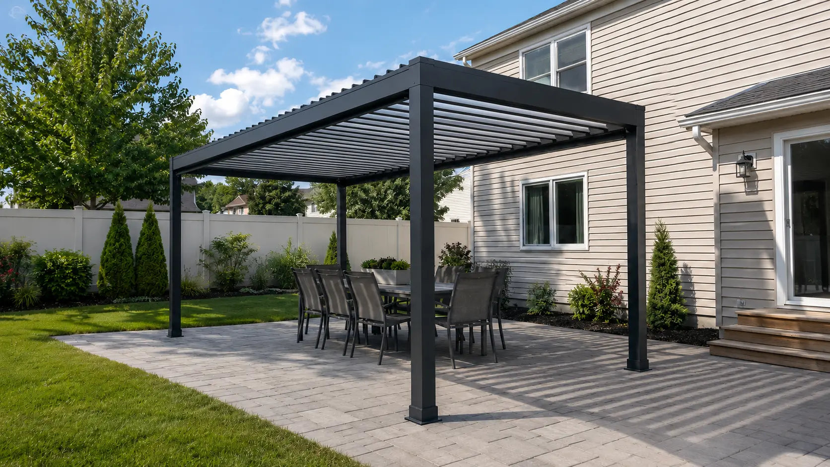 Aluminum louvered pergola creating a shaded dining and lounge area in a real backyard