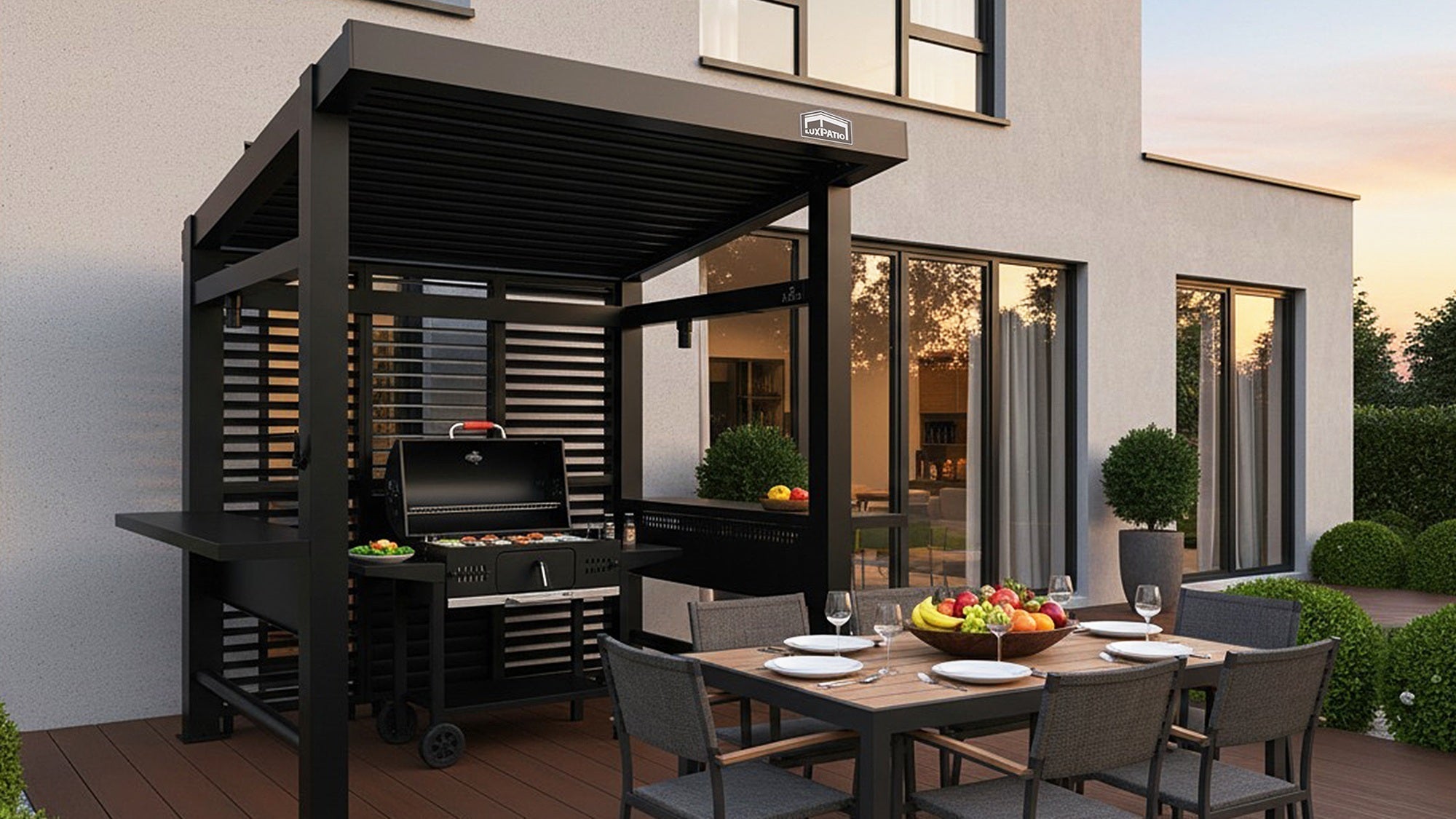Grill station covered by an aluminum louvered pergola
