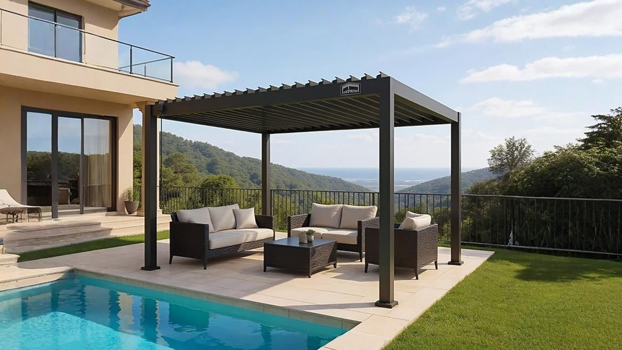 LuxPatio outdoor lounge with pool and mountain views under pergola