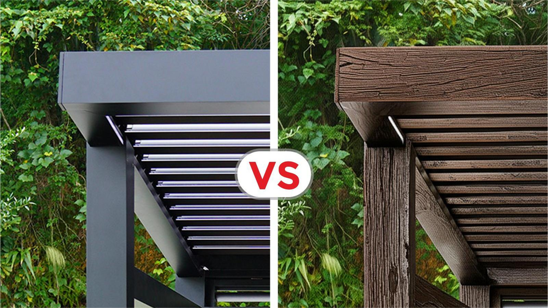 ​​Aluminum vs wooden pergola comparison showing modern vs rustic styles​​