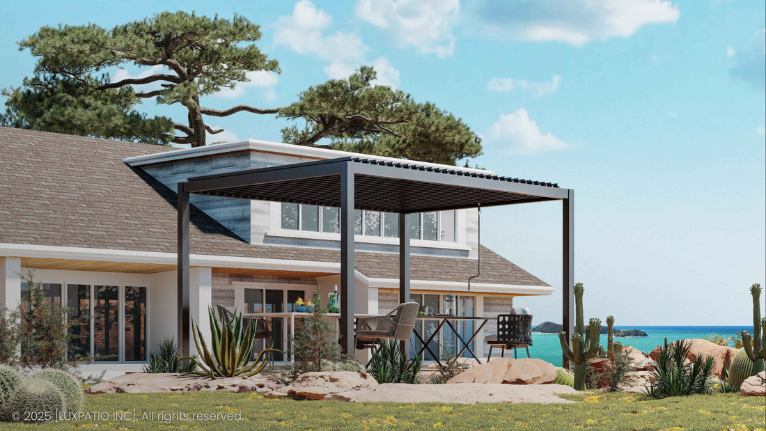 ​​Modern coastal house with pergola and ocean view under clear sky​​