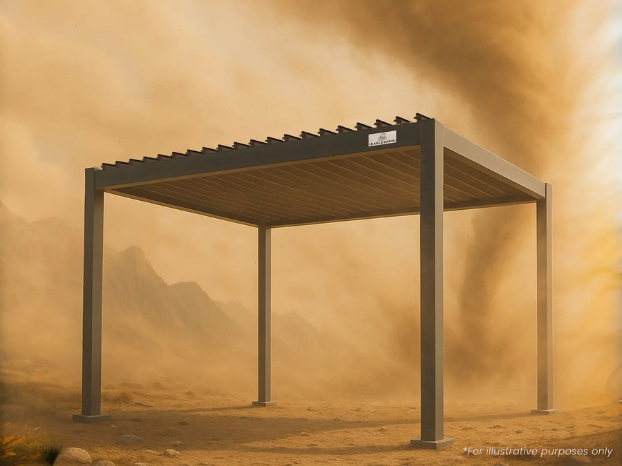 Black aluminum louvered pergola in a harsh outdoor environment, illustrating a strong weather-resistant patio shade structure