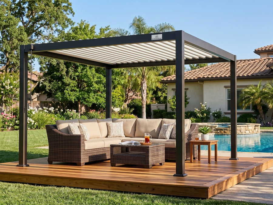 Comfortable outdoor seating area under an adjustable louvered roof