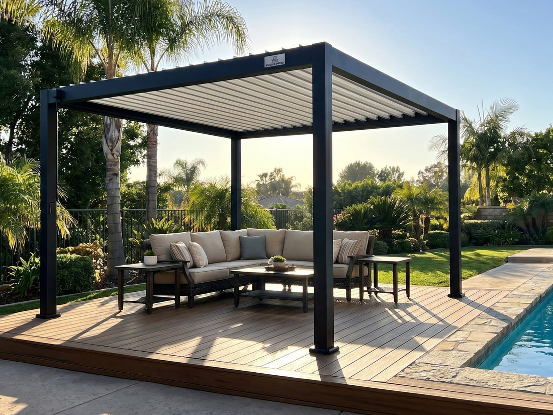 Aluminum pergola beside a backyard swimming pool