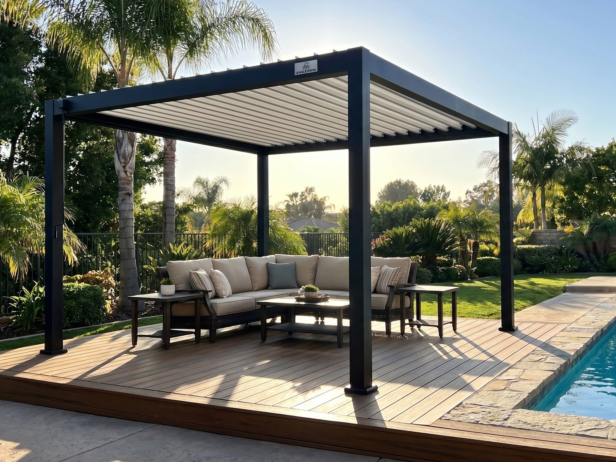Aluminum pergola beside a backyard swimming pool