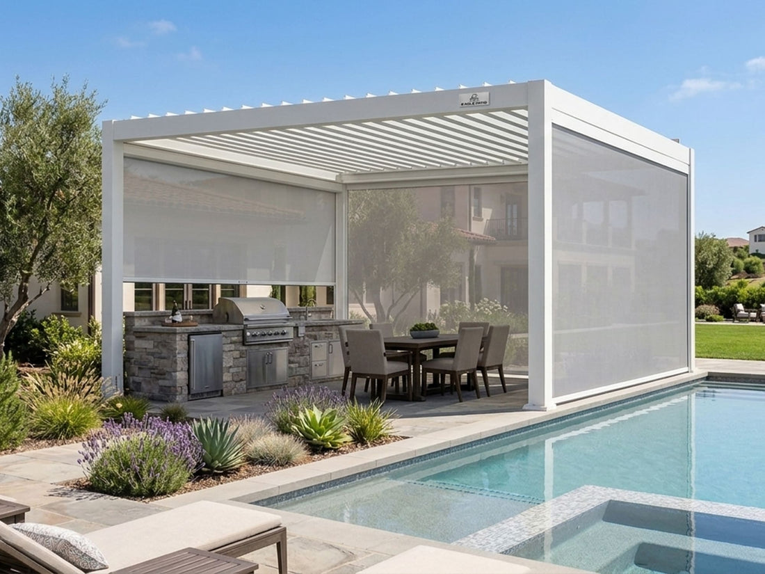 Modern louvered pergola overlooking a landscaped pool patio