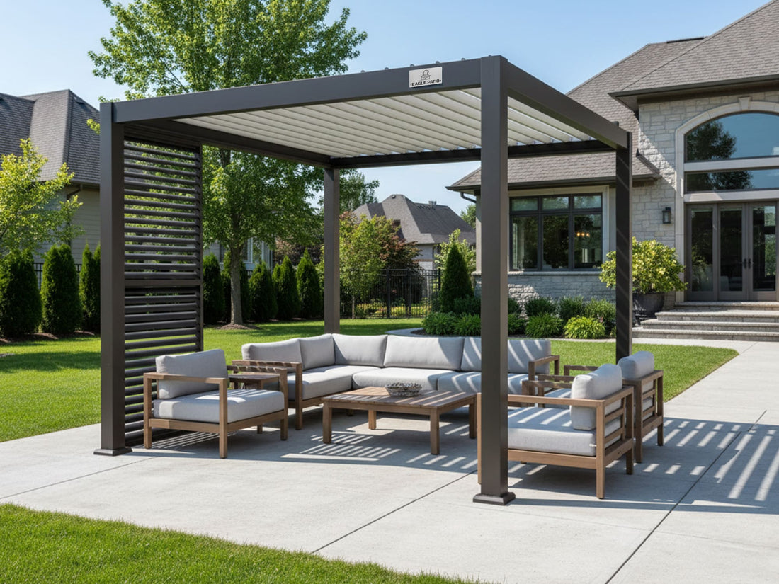 Aluminum louvered pergola installed on a backyard patio with visible post bases and patio surface support area.