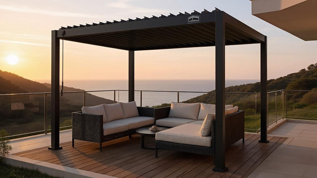 ​​Seaside patio with lounge sofa under pergola at sunset​