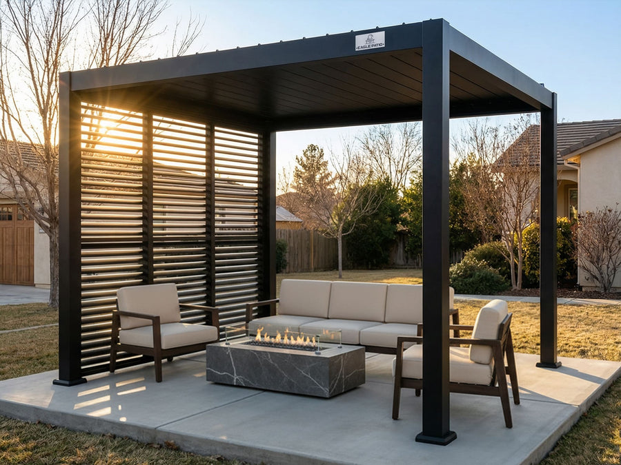 EaglePatio Aluminum louvered pergola installed over a modern backyard patio