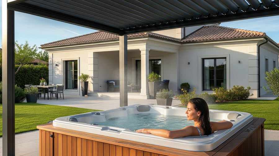 The woman relaxing under an aluminum pergola on a backyard patio