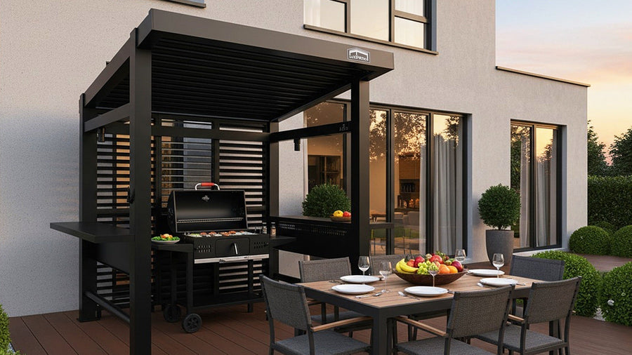 Grill station covered by an aluminum louvered pergola