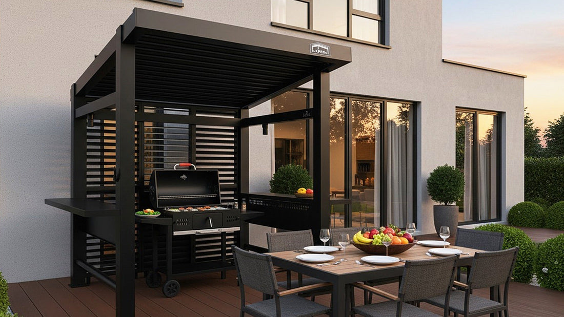 Grill station covered by an aluminum louvered pergola