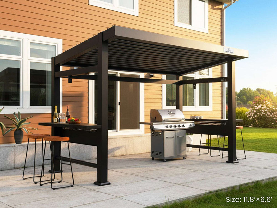 Outdoor BBQ area shaded by a modern louvered pergola