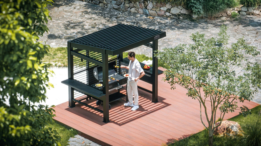 Outdoor dining area shaded by a modern louvered pergola