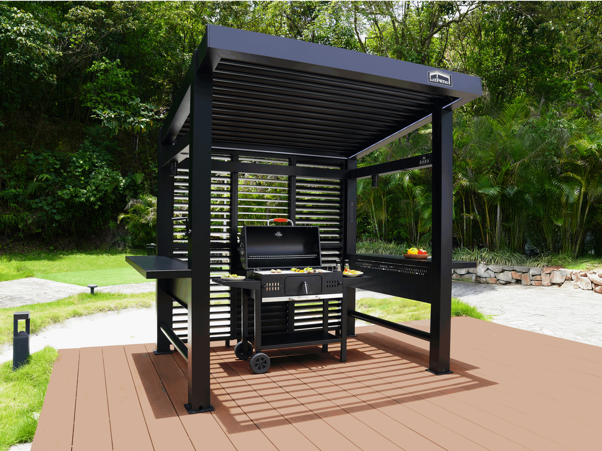 LuxPatio aluminum slat wall outdoor kitchen with grill, perfect for modern outdoor living and backyard entertaining.