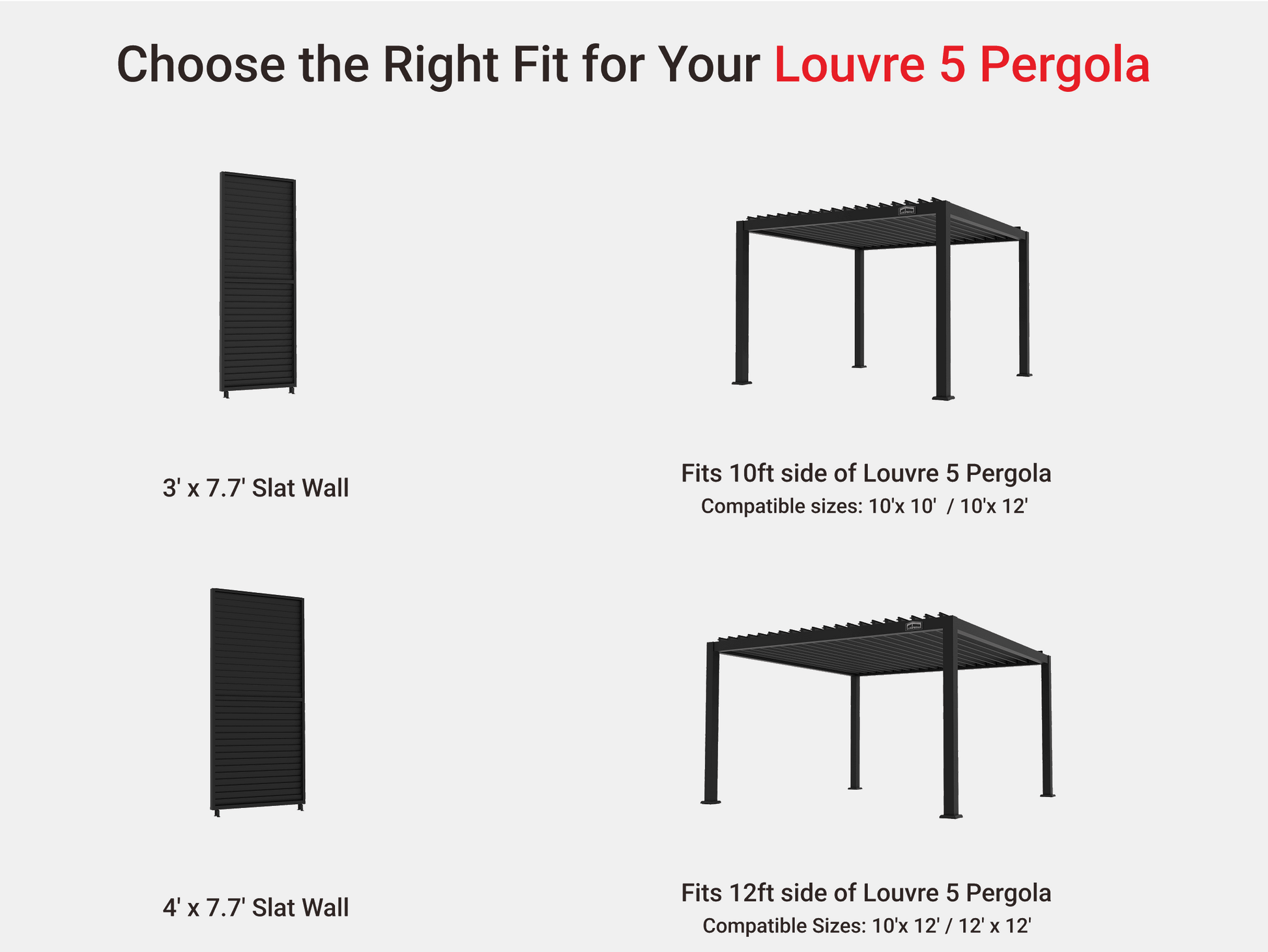 Aluminum Slat Walls for Louvre 5 Pergola - Various sizes for outdoor privacy solutions. Weather-resistant and durable design.