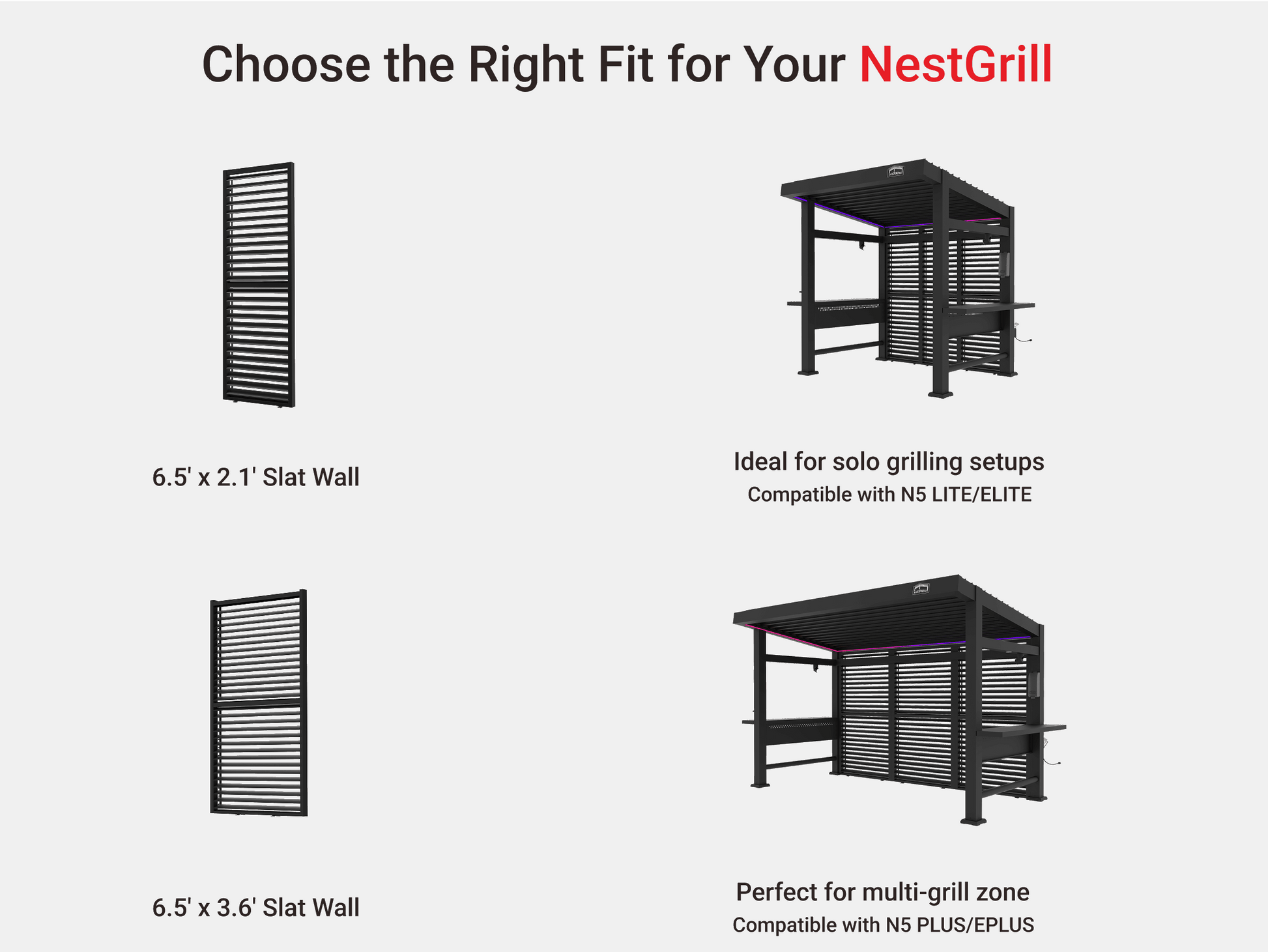 NestGrill aluminum slat wall options: solo & multi-grill setups. Sizes: 6.5' x 2.1' and 6.5' x 3.6'. Compatible with N5 series.