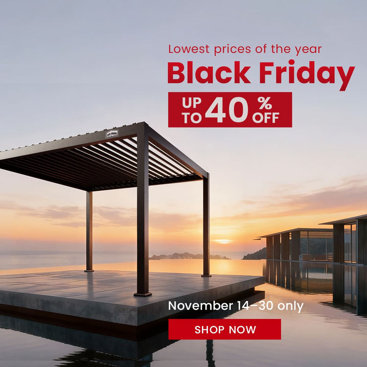 A dark metal pergola on a deck overlooking the ocean at sunset, promoting a Black Friday sale with up to 40% off.
