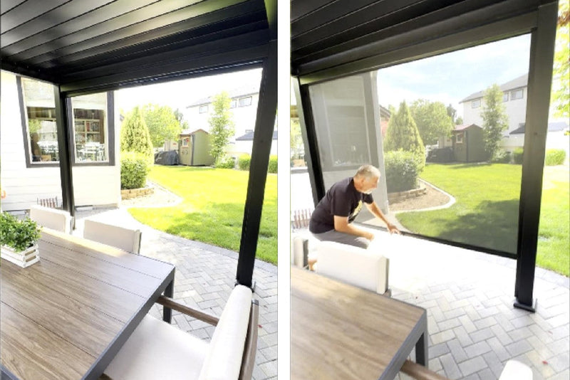 Outdoor patio with retractable screen wall, showing before and after transformation.