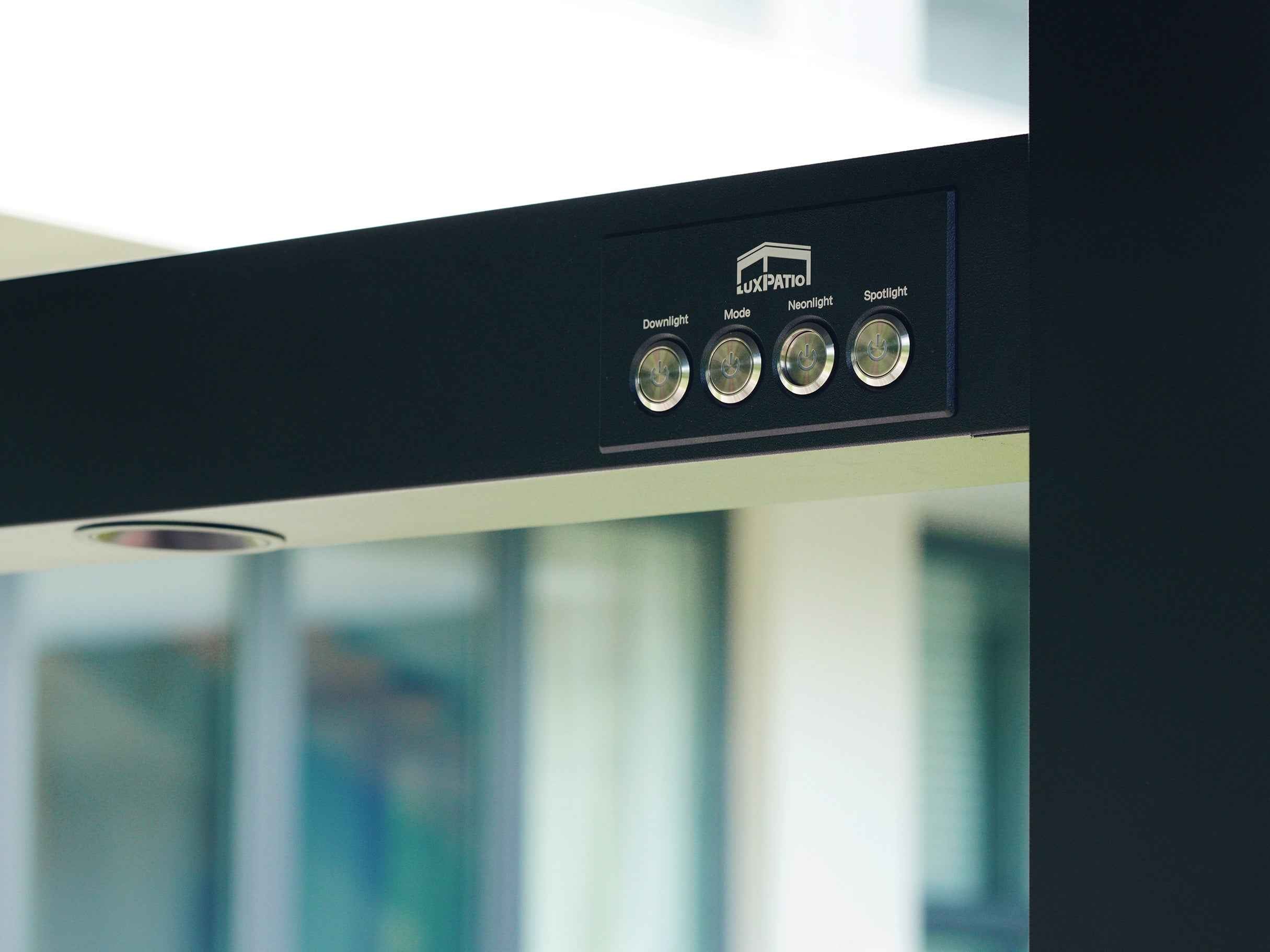 LuxPatio Grill Louvered Pergola Pro smart control panel with downlight, mode, neon light, spotlight buttons.