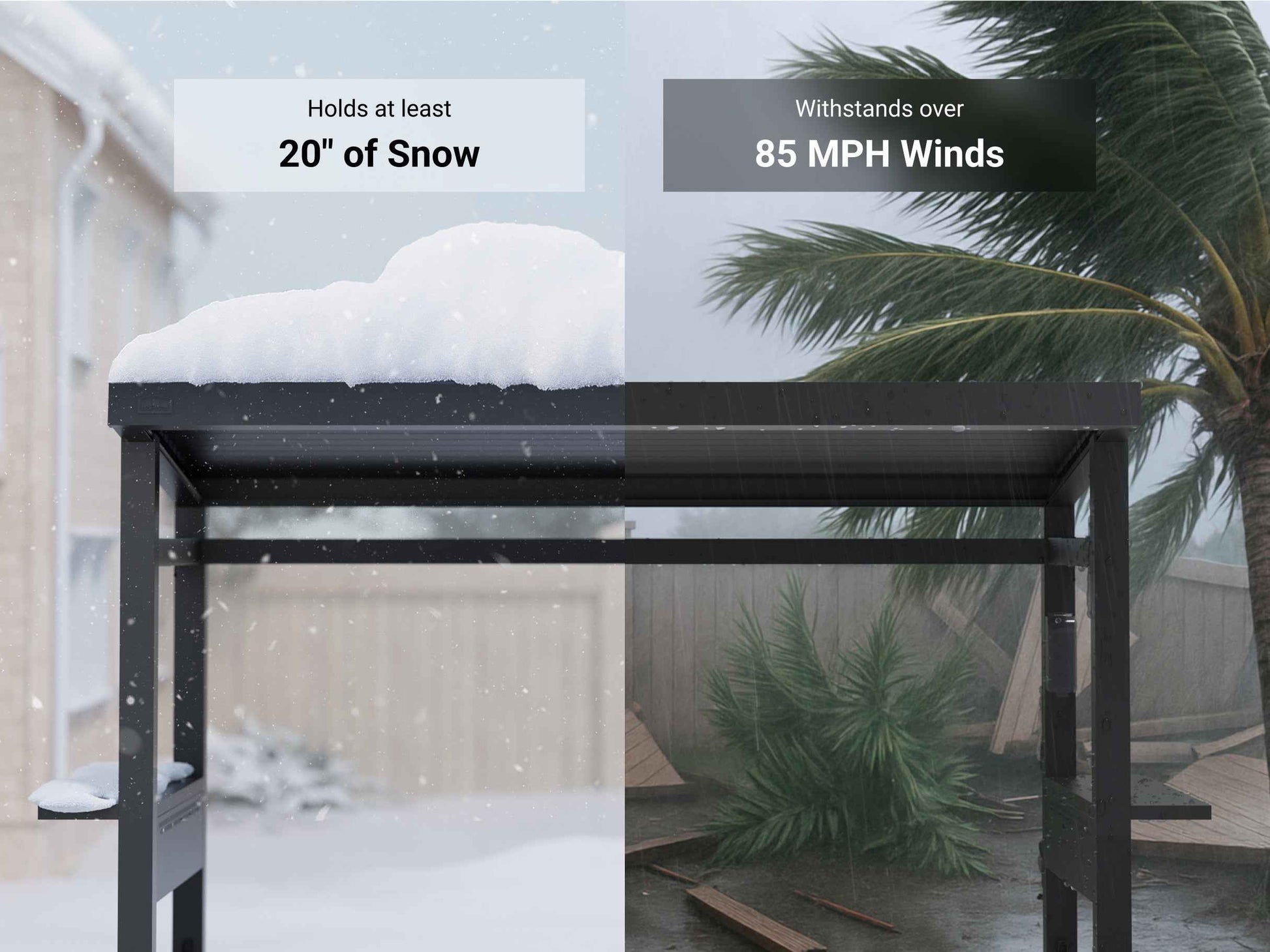 Grill Louvered Pergola Pro: weather-resistant pergola. Durable, black aluminum structure shown in snow and strong winds.