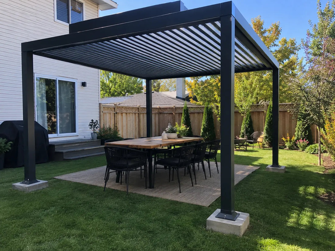 Pergola installed on a grass backyard surface with concrete footings supporting each post.